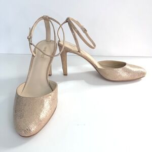 Nine West Honsity Metallic Gold Leather Ankle Strap Pumps Heels 10M Sparkle